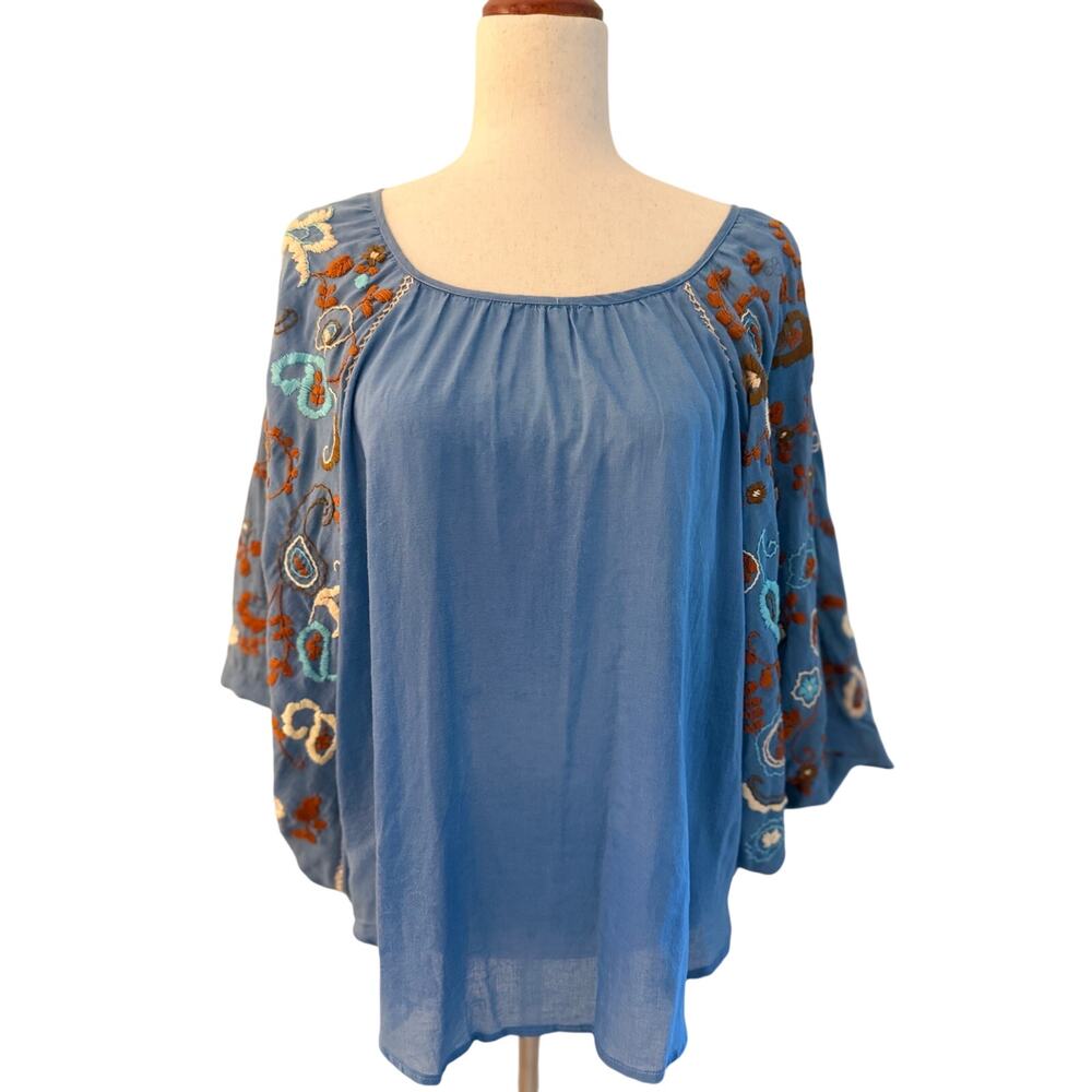 Siganka Waui Wawan Blue Embroidered Cotton Boho Blouse Top